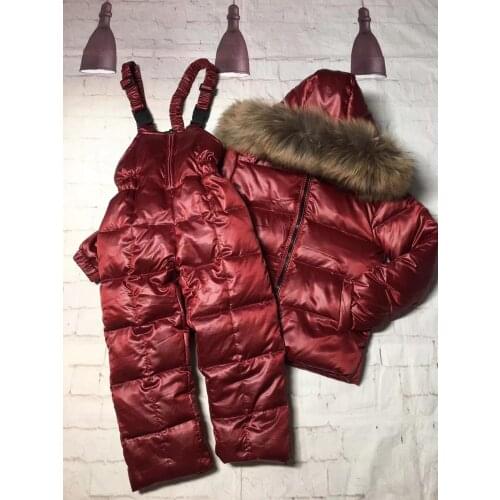 80cm -140cm 2021 Winter Jacket Children down jackets & PANT duck down Fur hooded girl snowsuit boy Suit set outerwear ski suit