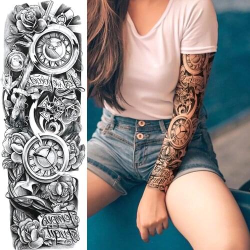 Sketch Compass Rose Flower Temporary Tattoos For Men Women Body Art Full Arm Sleeve Tatoo DIY Summer Style Fake Tattoo Stickers