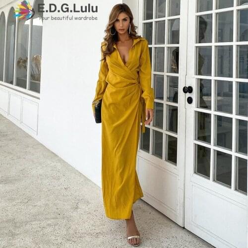 EDGLuLu Turn-down Collar Long Sleeve Yellow Elegant Party Office Lady Dress New Arrival Casual Lace-up Split Shirt Dress 0522