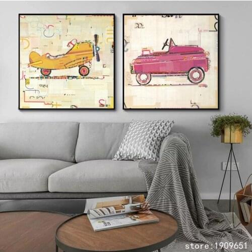 Cotton no frame modern cartoon car plane canvas printings oil painting printed on cotton kid room wall art decoration pictures