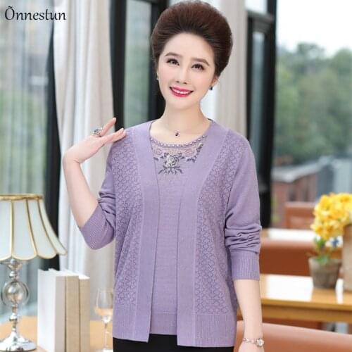 Two Pieces Sets Sweater Women Autumn Long Sleeve Embroidery Mother Sweater Set Shirt + Cardigan Hollow Sweater For Women