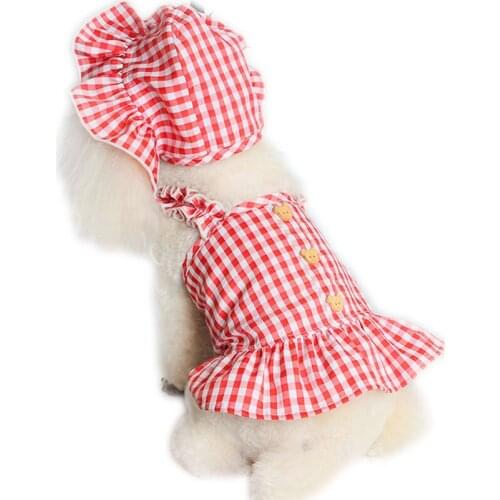Red Black Plaid Prom Dog Dress Summer Sling Shoulder Cat Dress Set Girl Skirt With Hat Pet Dog Clothes Princess Dresses For Pug