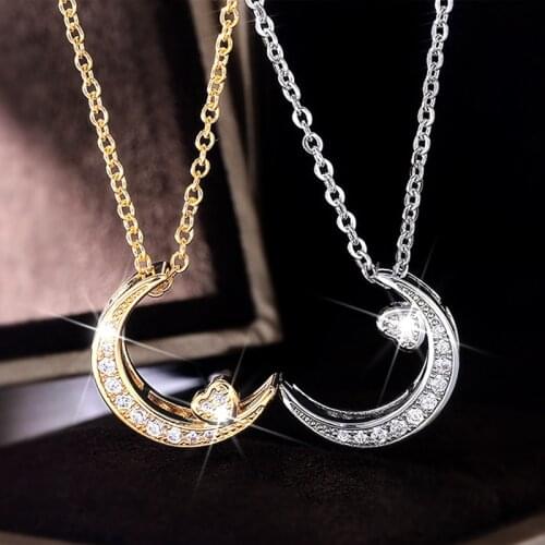 Huitan Fashion Partysu Style Moon and Heart Pendant Necklace for Girls Shiny CZ Delicate Women Accessories Hot Sale 2021 Jewelry