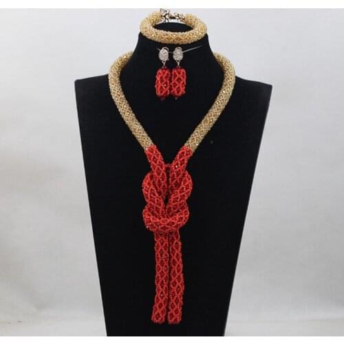 Trendy Champagne Mix Red/Orange Crystal Nigerian African Wedding Bridal/Women Beads Necklace Jewelry Set Free Shipping ANJ235