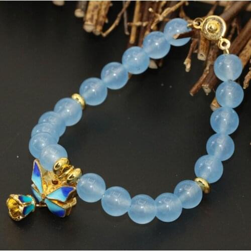 New Fashion Cloisonne 8mm Blue Natural Stone Chalcedony Jades Round Beads Clasp Bracelets Charms Jewelry 7.5inch B2738