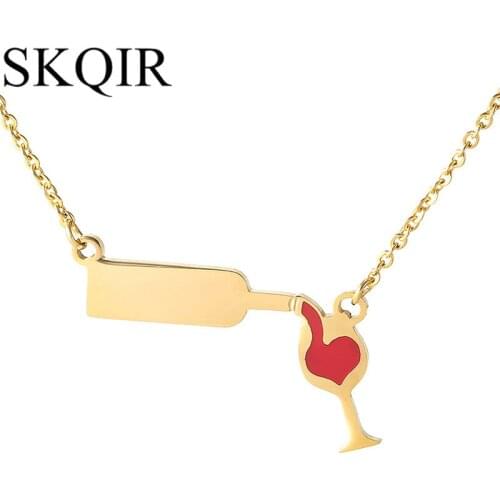 Wine Pendants Necklace Women Red Enamel Heart Necklaces Silver Color Stainless Steel Friendship Necklace For Party Gift