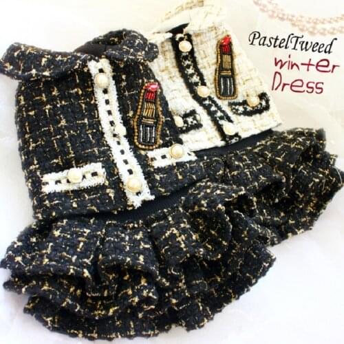Free Shipping Handmade Luxurious Dog Clothes Twin Sets C Style Thickened Gold Thread Tweed Dog Dress Coat Jacket Knit Pet Winter