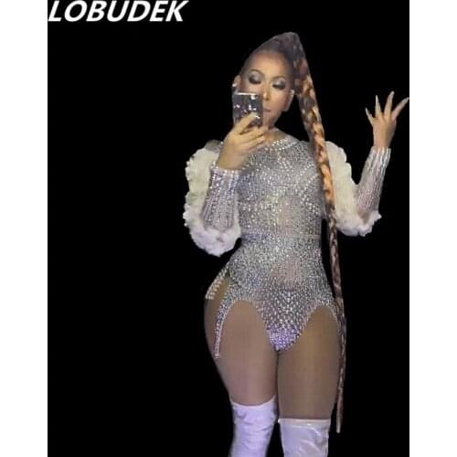 European Style Nightclub Bar Luxury Women Costume Silver Rhinestones Pearls Petal Sleeve Bodysuit Bar Jazz Dance Team Stage Wear