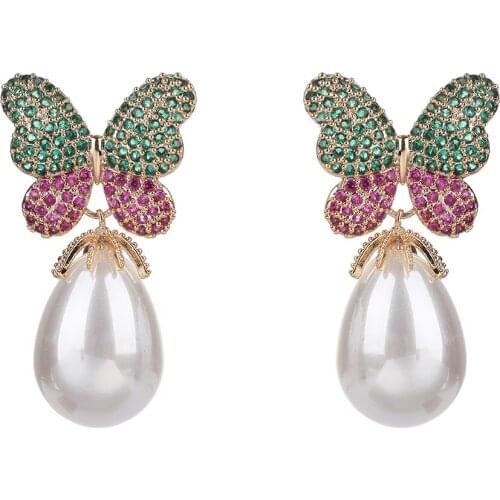 Pearl Cubic Zircon Butterfly Earrings for Wedding, Crystals Wing Earring for Bride, Women Girl Gift CE10840