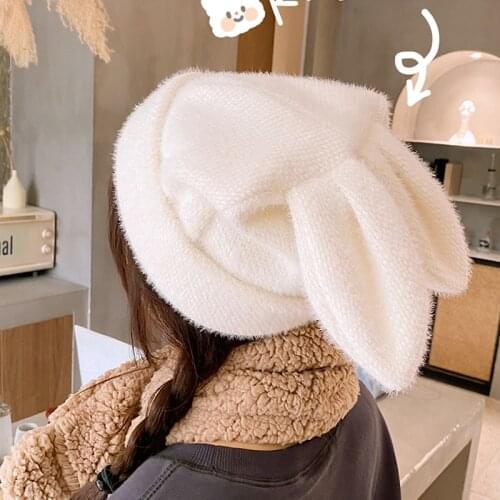 Bunny Ears Beanie Hat Draping Rabbit Ear Winter Knitted Beanie Hat Solid Color Outdoor Stretchy Warm Ear Cap Skullies Cap Female