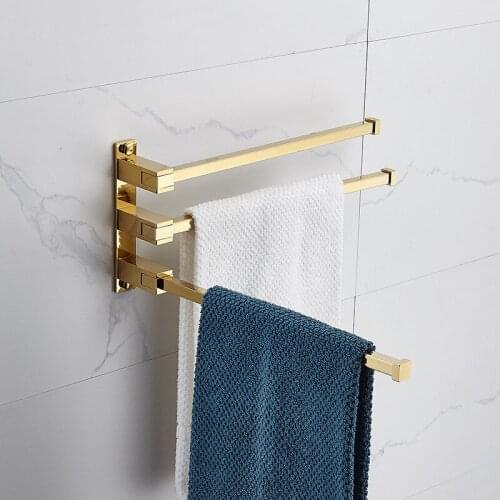 Soild Brass Folding Movable Bath Towel Bars Bathroom Racks Hanger Holder Wall Mounted Nail Punched 3 Layers Rotatable Gold 330CM