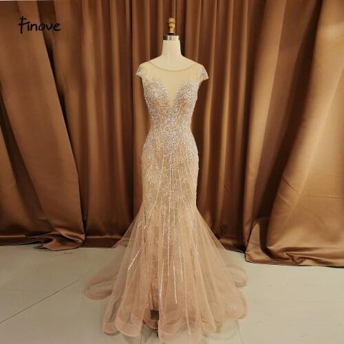 Evening Dresses Design 2021 Dubai O Neck Crystal With Beading Short Sleeve Luxury Mermaid Sexy Formal Dress