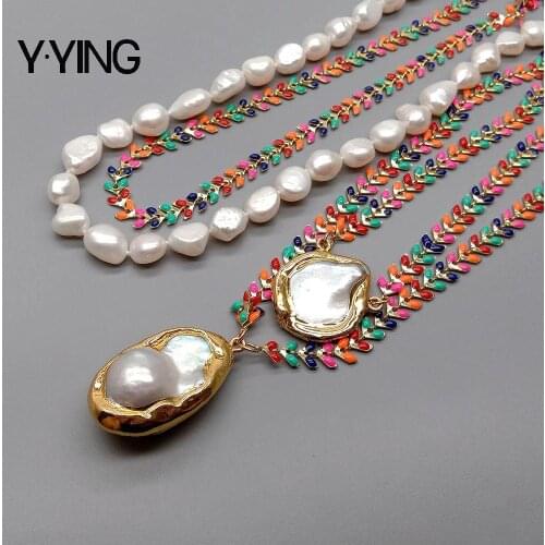 Y·YING Multi Color Enamel Chain Cultured White Baroque Pearl statement Necklace Keshi Pearl Charm Pendant necklace for women