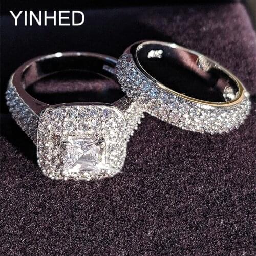 YINHED Luxury Bridal Engagement Rings Sets 2pcs Original 925 Sterling Silver Wedding Jewelry Rings for Women ZR635