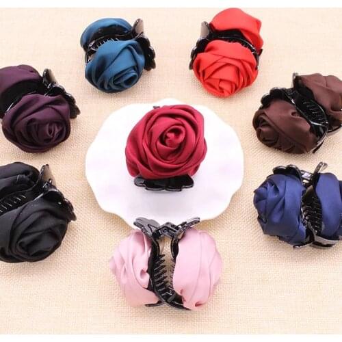 Korean Beauty Ribbon Rose Flower Bow Jaw Clip Barrette Hair Claws for Women Headwear Hair Accessories