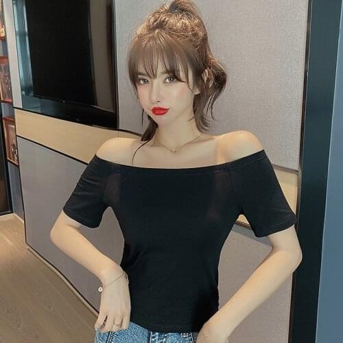 2021 Fashion Slash neck Korean Pure Cotton T-shirts Girls Ladies Sexy Top Basic Shirts Tee off shoulder top