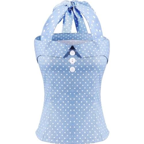 2021 Polka Dot Vintage Buttons Halter Top Lace Up Back Women Elegant Blouses Light Blue Slim Backless Cotton Ladies Tops