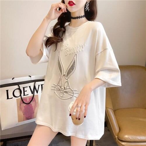 2021 Women Summer T Shirt 3D pattern Diamonds Haif sleeves Loose long style Good quality