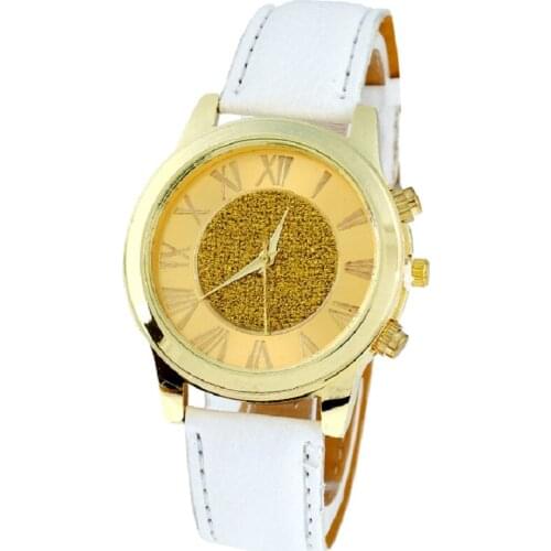 Gnova Platinum Top Fashion Pu Leather Band Women Watch Geneva Style Golden Dial Analog Quartz Wristwatches Casual Dress