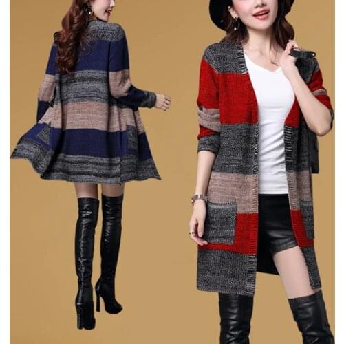 Sweater Women Cardigan Fashion Long Sleeve Striped Autumn Winter Cardigans Casual Loose Striped Knitted Coat Female Windbreaker