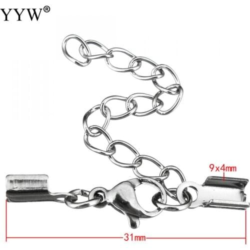 100pcs Stainless Steel Clips Ends Cord Tips With Lobster Clasp and Extension Chain For Jewelry Making Bracelets Necklace Gift