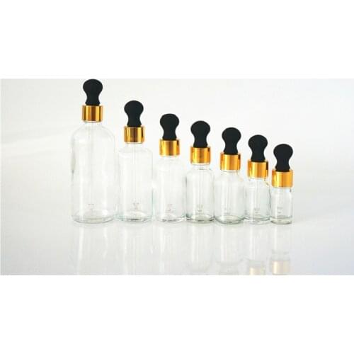 5/10/15/20/30/50/100ml Empty Clear Essential Oil Bottle Black Big Rubber Head Gold Ring Dropper Cover Glass Containers