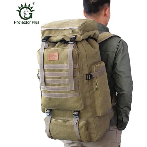 60L Outdoor Large Tactical Bag Canvas Backpack Military Daypack Camping Hiking Rucksack Army Molle Travel Pack