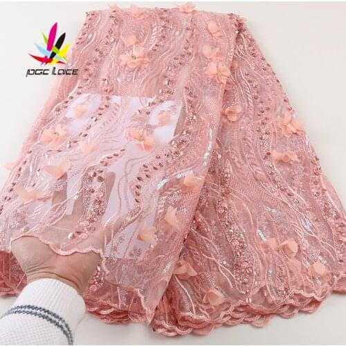 African Lace Fabric 2021 High Quality Sequins Lace Fabric 3d French Lace Beaded Handmade Tulle Lace Fabric For Women XZ2640B-1