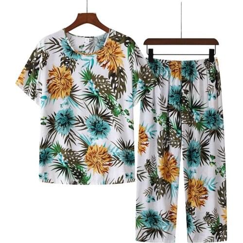 Mom Cotton Silk Suit Women Pajamas Loose Short-Sleeved Suits Lady Oversize Print Two-Piece Suit Female 2021 New Summer Hot Sale