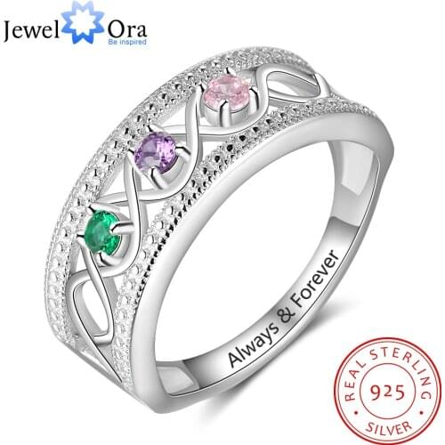 JewelOra 925 Sterling Silver Personalized Promise Rings with 3 Birthstones Custom Name Infinity Love Wide Ring Wedding Jewelry