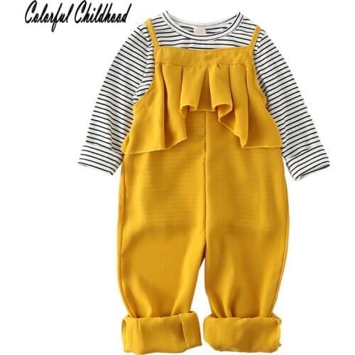 2pcs baby clothing set Toddler girls stripe shirt +ruffles strap Pants children Outfits Set