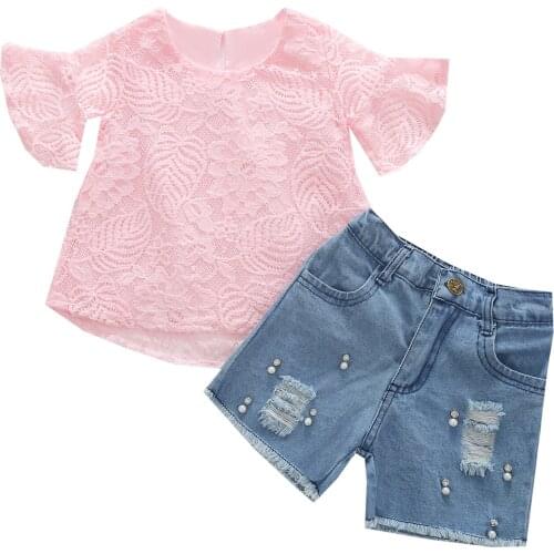 Girls Clothes Set, Floral Embroidery Short Flare Sleeve Lace Tops + Solid Color Ripped Short Jeans Childrens Sets Cute Sweet