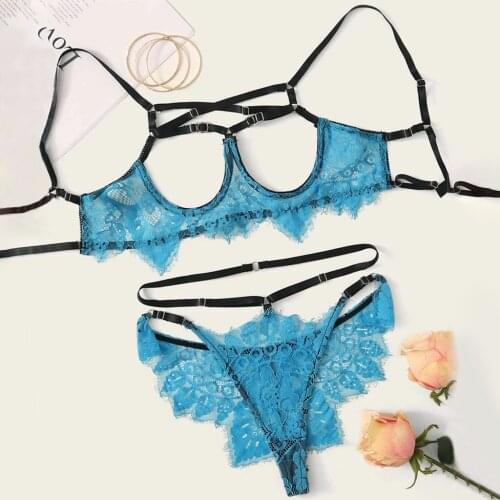 Sexy Lingerie Lace Temptation Rose Underwear With Steel Ring G-string Thong Ladies Underwear Set Lace Bra And Panty Set#25