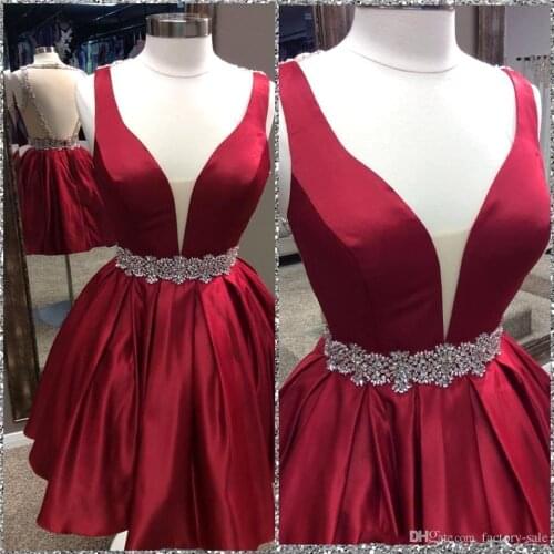 Sexy Bright Red Short Homecoming Dresses Deep V Neck Satin Beads Crystals Sashes Mini Cocktail Dresses Prom Party Gowns Formal