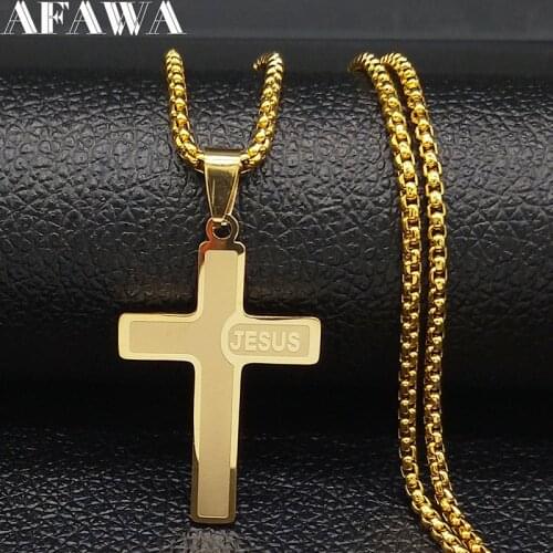 Fashion Long JESUS CROSS Stainless Steel Necklaces for Men Jewelry Gold Color Chain Necklaces Jewelry collares mujer N1174S02