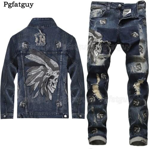 2020 European Style Men Sets Embroidered Indian stretch denim Blue 2 Pieces Maching Set Jacket and Hole Jeans Mens Clohing