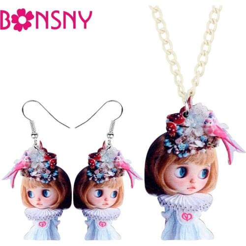 Bonsny Acrylic Jewelry Set Classical Aristocratic Dress Girl Necklace Earrings Fashion Pendant For Women Girls Charm Gift NE+EA