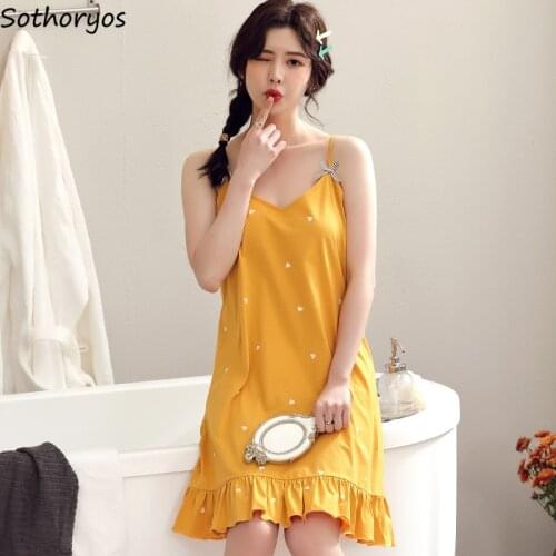 Women Nightgowns Sleeveless Leisure Soft Fashion Korean Style Breathable Sexy Spaghetti Strap Print Ruffles Sleepwear Summer New