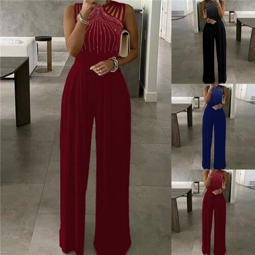 2021 New Summer Party Wear Clothes Womens Sexy Studded Cutout Ruched Wide Leg Jumpsuit Casual Sleeveless Long Pants