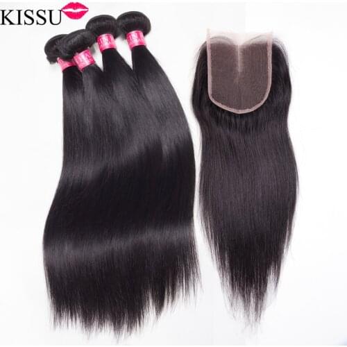 KISSU Wholesale Bone Straight Bundles With Closure Human Hair Bundles With Closure Brazilian Hair Weave Bundles Hair Extensions
