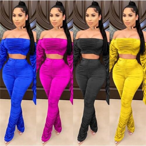 Autumn Women Two Pieces Set 2020 Women Strapless Slash Neck Long Flare Sleeve Shirt High Waist Stacked Joggers Pleated Trousers
