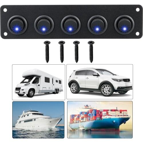 12-24V Waterproof Toggle Switch Panel 5 Gang Blue LED Interior Parts Round Dash Rocker for RV Boat Yacht Marine Car Marine