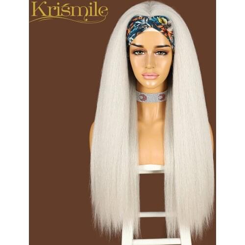 Long Yaki Straight 60# Silver Grey fluffy Headband Wig Party Holidays No Gel Glueless Wig for Black Women with 2 Free Bands