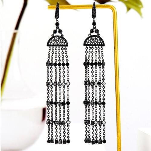 BOHO Luxury Nigerian Bridal Wedding Long Tassel Earrings Fashion Jewelry Statement Cubic Zirconia Dangle Earrings For Women