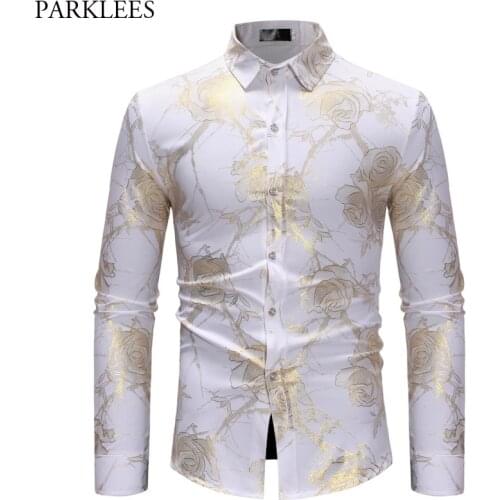 Rose Flower Gold Bronzing White Shirt Men Slim Fit Long Sleeve Mens Dress Shirt Casual Party Holiday Social Shirt Male Chemise