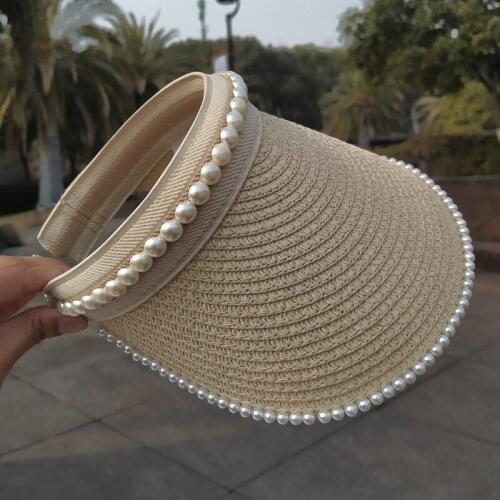 Korean Empty Straw Hat Woman Simulated Pearl Lace Sun Hat Sun Protection Elegant Lady Beach Casual Summer Capless Cap Headwear