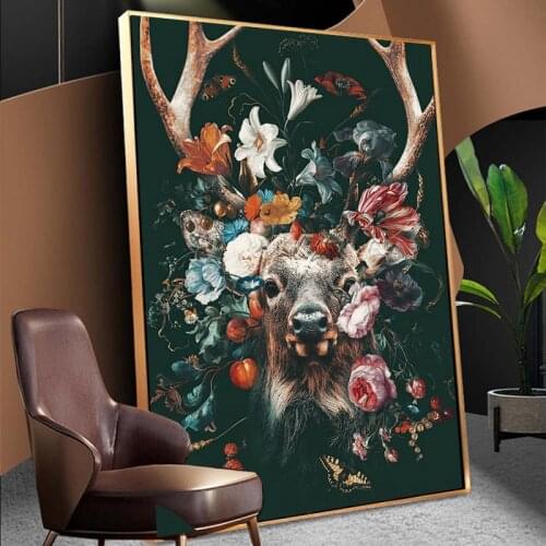Modern Fortune Deer and Flower Art Painting HD Print on Canvas Wall Prints and Posters for Living Room Decoration Painting