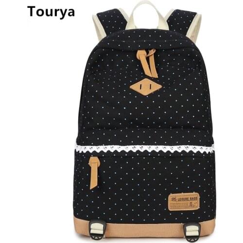 Tourya Vintage Canvas Women Backpack Cute Shoulder School Bags For Teenagers Girls Dot Printing Schoolbag Laptop Bagpack Mochila