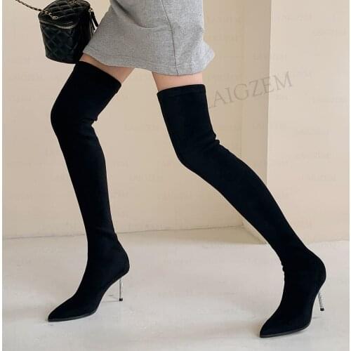 LAIGZEM Stretchy Women Thigh High Boots Crystal Stiletto Heels Boots Black Beige Over Knee Frauen Stiefel Shoes Size 33 39 40