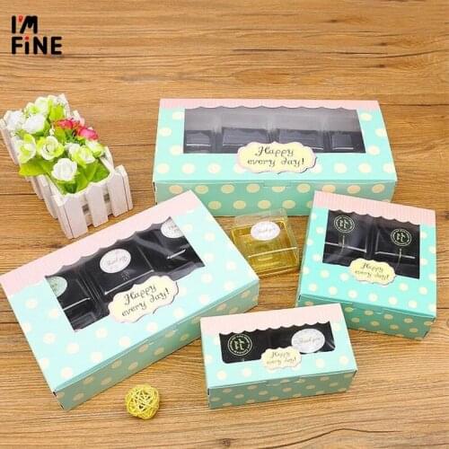 5pcs Kraft Paper cake box with clear pvc window,blue Cookies Biscuit cupcake box,white dots gift packaging box for Snack sweets